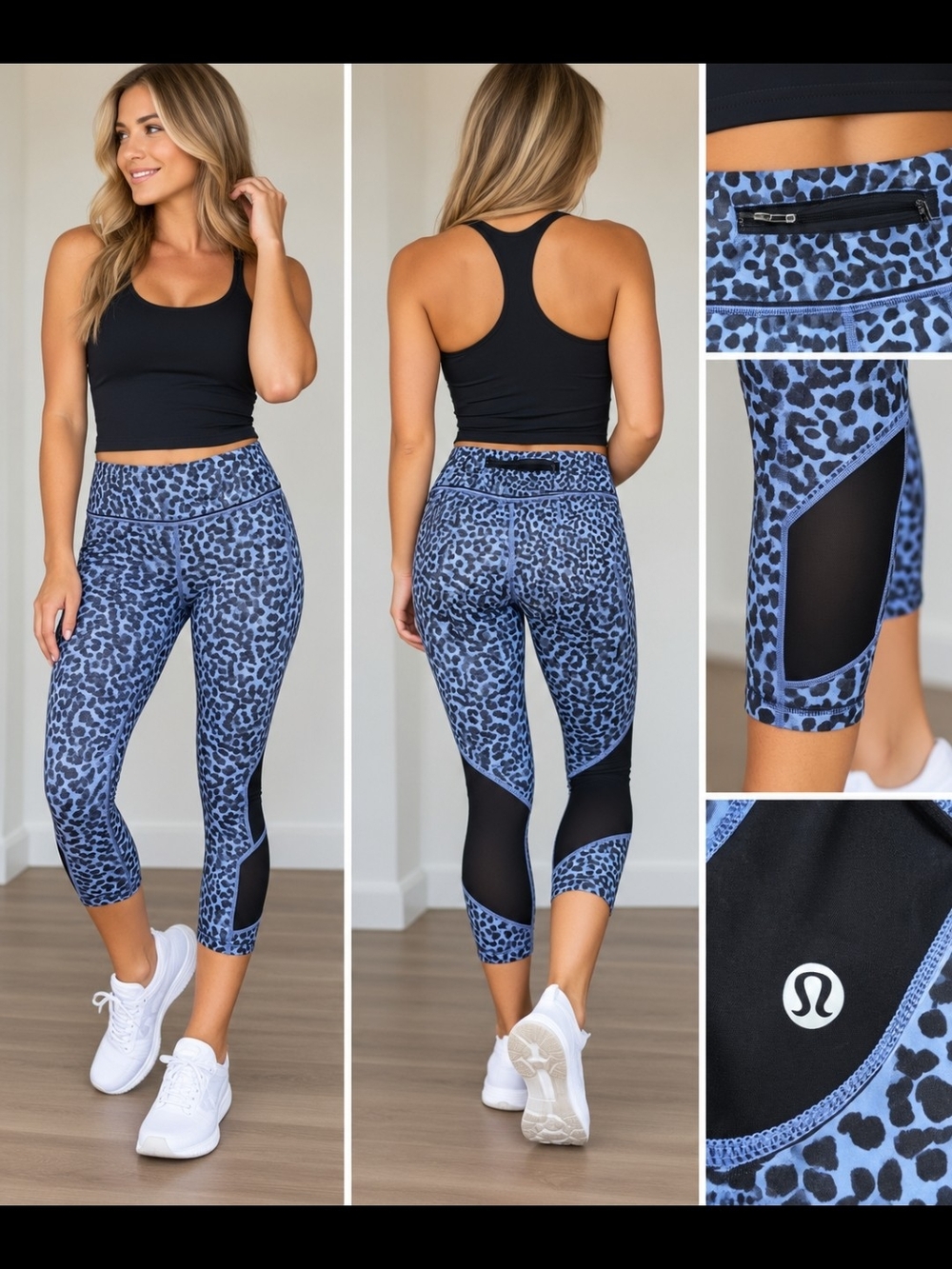 lululemon Blue Leopard Print Cropped Leggings with Mesh Panels
